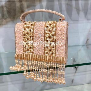 Gold Embroidered Beaded Potli Style Bag with Tassels – Indian Handbag for Weddings Parties - Handmade Gold Clutch for Brides & Party Wear