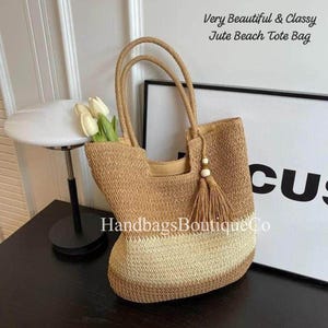 Handwoven Jute Beach Tote Bag – Boho Straw Shoulder Bag with Tassel | Summer Beach Bag | Eco-Friendly Wicker Purse for Women