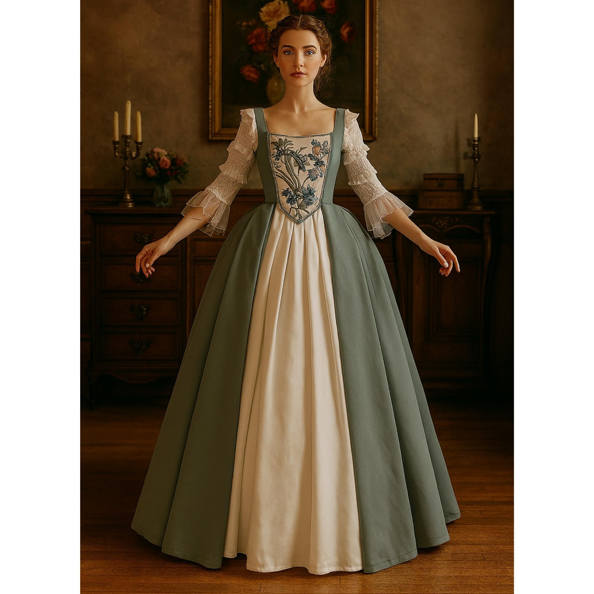 Romantische rococo-baljurk met pofmouwen, bloemengeborduurde korsetjurk, Frans hofkostuum uit 18e eeuw voor cosplay en evenementen