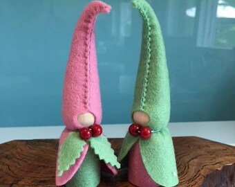 TWO CHRISTMAS GNOMES. Pastel Green and Pink Gnomes .  Waldorf Christmas. Steiner Gnomes. Christmas stocking. Hand Made Christmas Decoration