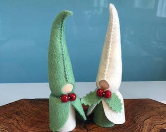 TWO CHRISTMAS GNOMES. Pastel Green and Cream Gnomes .  Waldorf Christmas. Steiner Gnomes. Christmas stocking. Hand Made Christmas Decoration