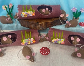 Log House for a Mouse. Thick felt Log makes a cosy home for a little mouse. Cosy log house and little mouse. Hand made whimsical natural toy