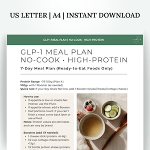 K&ouml;nnte beinhalten: Ein druckbarer Speiseplan mit dem Titel "GLP-1 Meal Plan No-Cook High-Protein" mit Text und Bildern von Lebensmitteln. Der Plan beinhaltet einen 7-Tage-Speiseplan, Proteinbereich und Anweisungen. Sofortiger Download in US Letter und A4 Gr&ouml;&szlig;en.