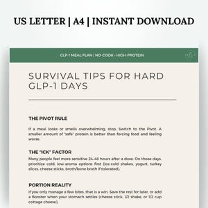 K&ouml;nnte beinhalten: Ein druckbares Dokument mit dem Text "US LETTER | A4 | INSTANT DOWNLOAD" oben. Das Dokument enth&auml;lt den Text "GLP-1 MEAL PLAN | NO-COOK &bull; HIGH-PROTEIN" und "SURVIVAL TIPS FOR HARD GLP-1 DAYS". Das Dokument enth&auml;lt Di&auml;ttipps.