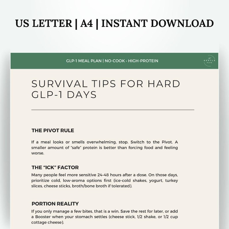 K&ouml;nnte beinhalten: Ein druckbares Dokument mit dem Text "US LETTER | A4 | INSTANT DOWNLOAD" oben. Das Dokument enth&auml;lt den Text "GLP-1 MEAL PLAN | NO-COOK &bull; HIGH-PROTEIN" und "SURVIVAL TIPS FOR HARD GLP-1 DAYS". Das Dokument enth&auml;lt Di&auml;ttipps.