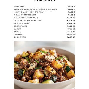 Op de afbeelding: Een pagina uit een kookboek met de titel "7-Day Fat Loss Meal Plan" en een inhoudsopgave. De afbeelding toont een kom met eten met aardappelen, courgette en vlees. Het websiteadres is www.TheGentlePlate.com.