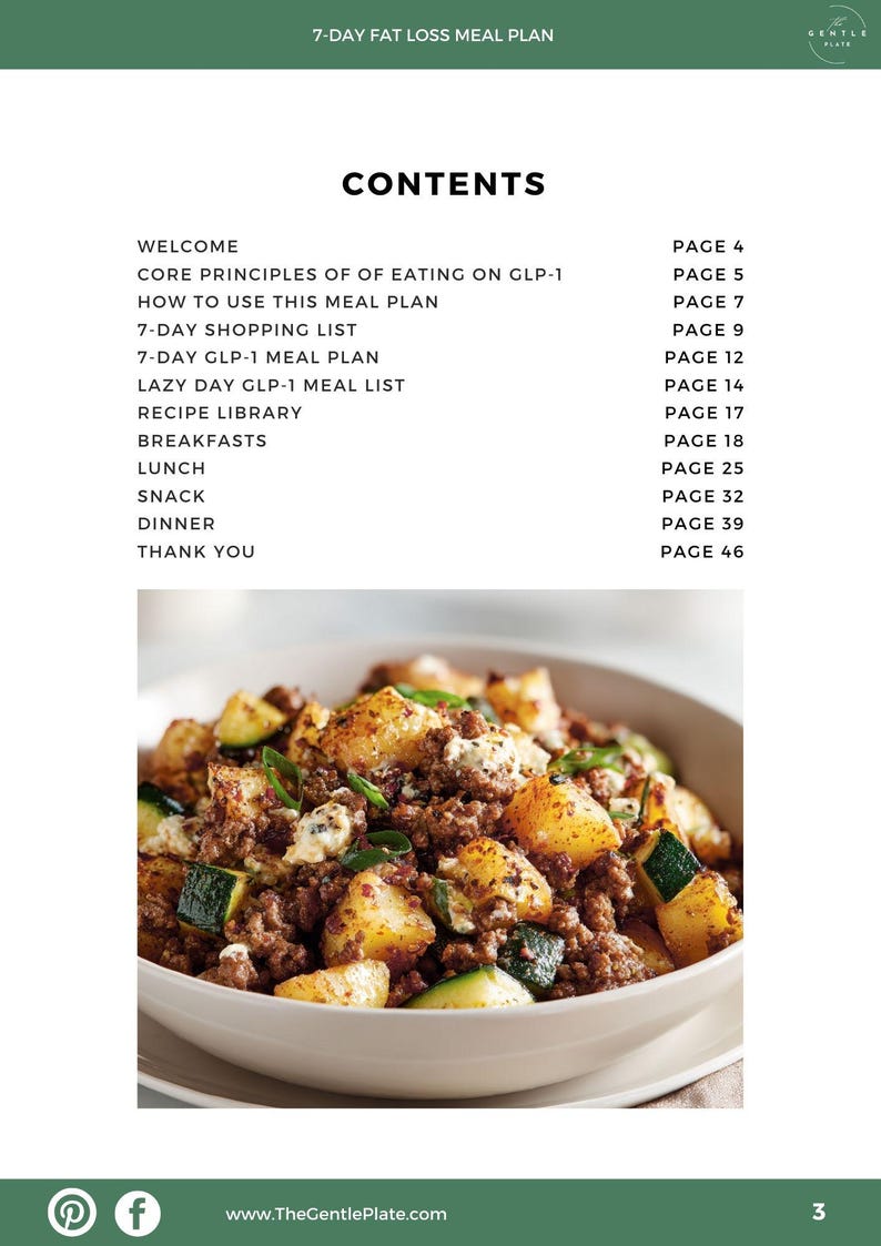 Op de afbeelding: Een pagina uit een kookboek met de titel "7-Day Fat Loss Meal Plan" en een inhoudsopgave. De afbeelding toont een kom met eten met aardappelen, courgette en vlees. Het websiteadres is www.TheGentlePlate.com.