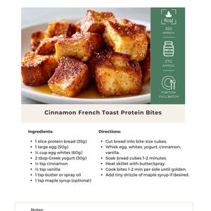 Op de afbeelding: Afbeelding van Cinnamon French Toast Protein Bites, een ontbijtrecept. Het recept bevat eiwitbrood, eieren en kaneel. Voedingswaarde-informatie: 320 kcal en 27g eiwit. Onderdeel van een 7-daags maaltijdplan.