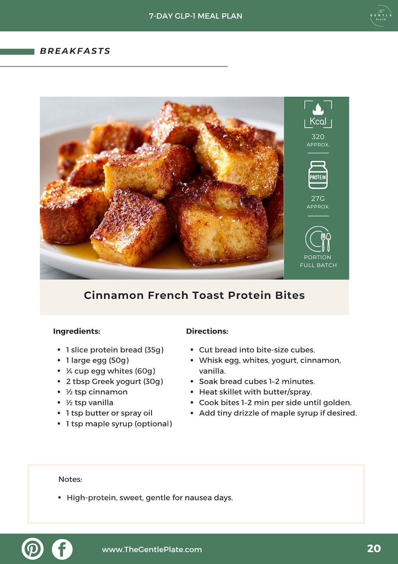 Op de afbeelding: Afbeelding van Cinnamon French Toast Protein Bites, een ontbijtrecept. Het recept bevat eiwitbrood, eieren en kaneel. Voedingswaarde-informatie: 320 kcal en 27g eiwit. Onderdeel van een 7-daags maaltijdplan.