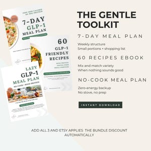 K&ouml;nnte beinhalten: Das Gentle Toolkit-Bundle beinhaltet einen 7-Tage-GLP-1-Ern&auml;hrungsplan, ein E-Book mit 60 Rezepten und einen Kochplan ohne Kochen. Das Bild zeigt die Cover der Ern&auml;hrungspl&auml;ne mit Text wie "hoher Proteingehalt" und "kleine Portionen".