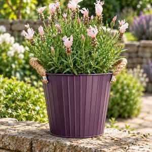 Purple Zinc Plant Pot, 18cm Ribbed Metal Planter with Rope Handles