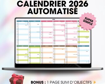 2026 Digital & Printable Calendar FR | GoogleSheets, PDF | Annual + Monthly View | Public Holidays + School Holidays | Seasons Theme