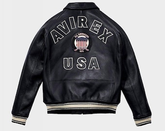 AVIREX Herren Bomberjacke American Basketball Leichte schwarze Lederjacke
