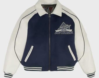 New Avirex The Legend American Flight Leather Jacket Mens Classic Blue Varsity Style Bomber Jacket