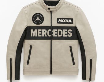 Mercedes Benz White Leather Genuine Racing Motorcycle Biker Style Leather Jacket