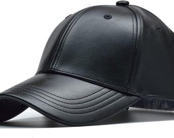 Black Leather Baseball Cap Hat, Mens, Adjustable Genuine Leather Vegan
