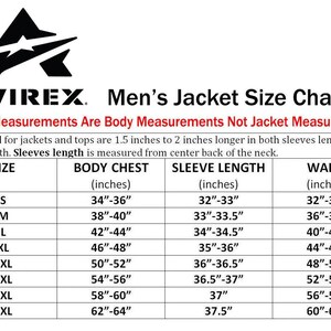 May include: An Avirex jacket size chart displaying body measurements in inches. The table includes columns for size, body chest, sleeve length, and waist, ranging from size S to 5XL. It specifies that measurements are for the body, not the jacket.