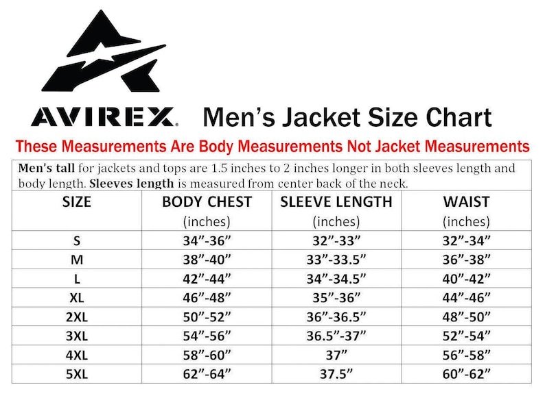 May include: An Avirex jacket size chart displaying body measurements in inches. The table includes columns for size, body chest, sleeve length, and waist, ranging from size S to 5XL. It specifies that measurements are for the body, not the jacket.