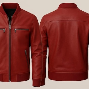 Men&#39;s Genuine Real Red Leather Jacket Biker Style Motorcycle Jacket