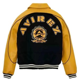 New Avirex The Legend American Flight Leather Jacket Mens Classic Blue Varsity Style Bomber Jacket Black & Yellow