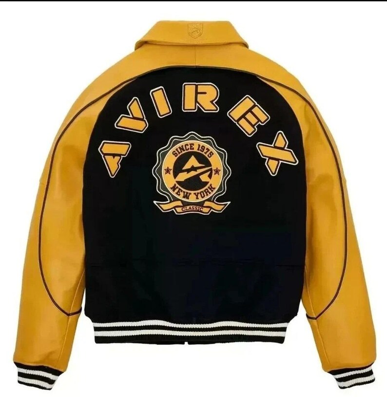 New Avirex The Legend American Flight Leather Jacket Mens Classic Blue Varsity Style Bomber Jacket Black & Yellow