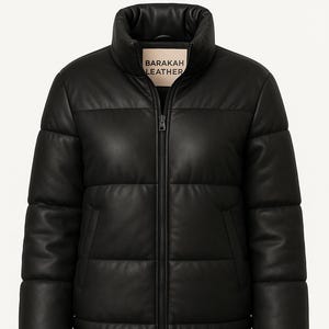 Jaqueta Puffer Frost Femme | Couro Preto e Marrom Fosco | Casaco de Inverno Feminino Acolchoado | Couro de Ovelha Genuíno | Couro Barakah