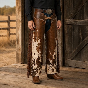 May include: Brown and white cowhide leather chaps featuring long fringe along the outer legs, silver-toned metal conchos, and a lace-up front closure. The chaps are worn over dark blue denim jeans with a brown leather belt and a large metal buckle.