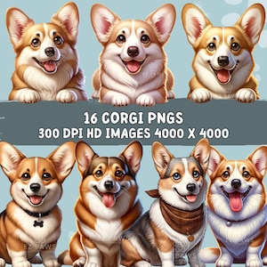 コーギー犬のPNGクリップアートバンドル、16種類の愛らしいコーギーのグラフィック、かわいい犬種の印刷物、漫画、即時ダウンロード、商用利用可