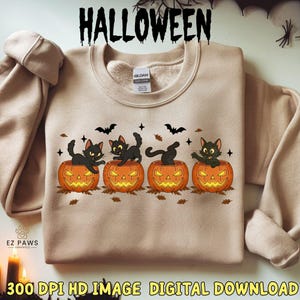 Cute Halloween Cats in Pumpkins PNG, Funny Black Cats Halloween Digital Download, Spooky Season Graphic, Instant Download, Commercial Use