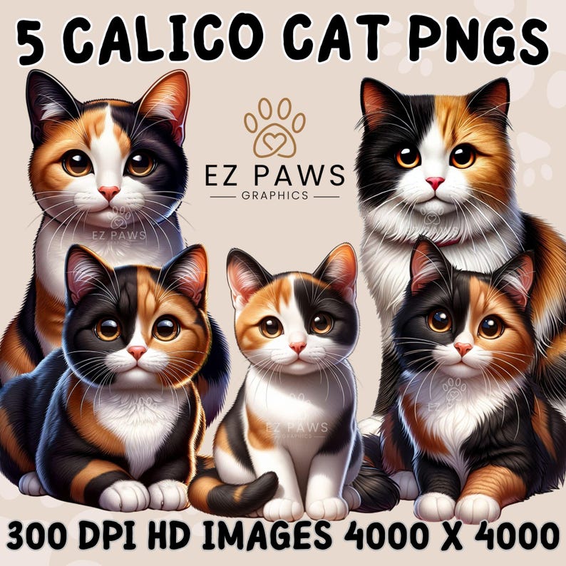 Cats Clipart, 5 PNG Adorable Calico Cat Graphics, Cute Calico Cat ...