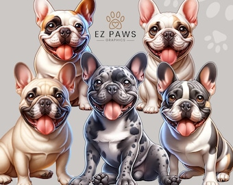 May include: Digital art featuring five smiling French Bulldog PNG images. The dogs have various coat colors, including white, black, tan, and spotted patterns. The text "5 FRENCH BULLDOG PNGS" and "300 DPI HD IMAGES 4000 X 4000" are displayed.