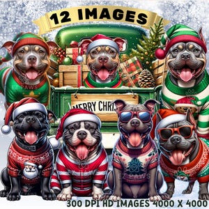 Puede incluir: Ilustración digital de siete perros con gorros de Papá Noel y suéteres navideños, con un camión verde de fondo. La imagen incluye el texto "12 IMAGES", "MERRY CHRISTMAS" y "300 DPI HD IMAGES 4000 X 4000".