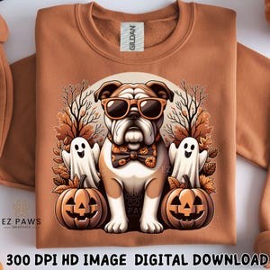 Retro Halloween Bulldog PNG, Cute Dog with Sunglasses & Pumpkins, 300 DPI Transparent PNG Spooky Season Instant Download, Commercial Use