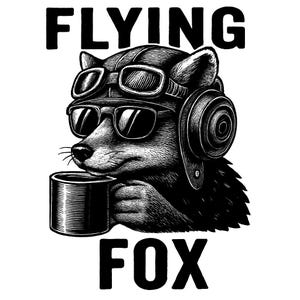 Può includere: Illustrazione in bianco e nero di un procione con occhiali da aviatore, un casco e cuffie, che tiene in mano una tazza. Il testo "FLYING FOX" è sopra e sotto il procione.