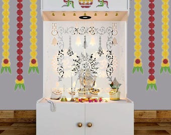 MDF Wood Aesthetic White Wooden Temple With Door for Home with Spacious Shelf & Inbuilt Focus Light white mandir