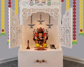MDF Wood Lotus Door Finish Wooden Wall Temple for Home With Inbuilt focus Lights & Spacious Shelf white mandir