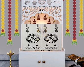 MDF Wood Divine Wooden Floor Temple with Door and Spacious Shelf & Inbuilt Focus Light White mandir