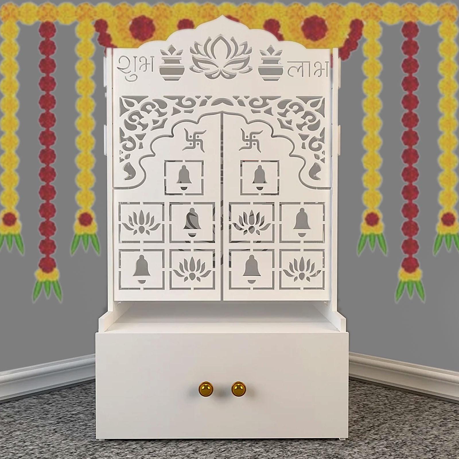 MDF Wood Lotus White Finish Wooden Door Wall Temple for Home With Inbuilt focus Lights & Spacious Shelf white mandir