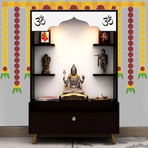 Divine Engineered Wood Home Temple Modern Design Puja Temple Stand with LED Lights Home Mandir OM Puja Shelf for Office - White and Brown