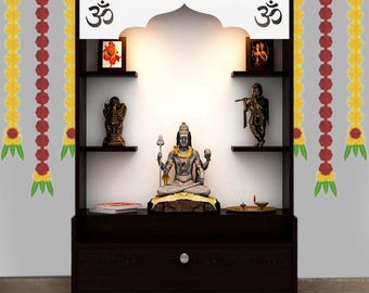Divine Engineered Wood Home Temple Modern Design Puja Temple Stand with LED Lights Home Mandir OM Puja Shelf for Office - White and Brown