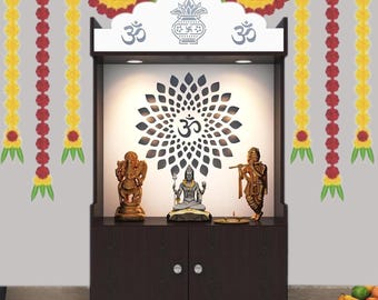 MDF Divine LED Light Puja Shelf OM Temple Stand Home Mandir Puja Mandir for Home, Office - Brown Size- H-45 inches