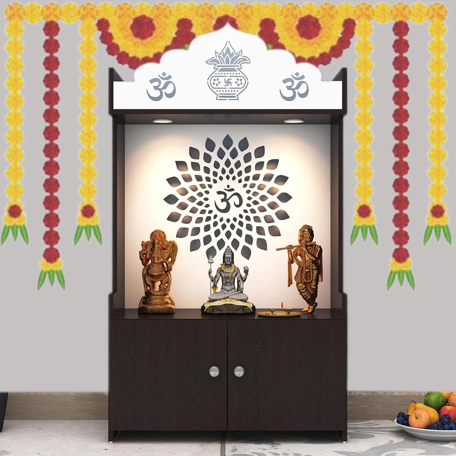MDF Divine LED Light Puja Shelf OM Temple Stand Home Mandir Puja Mandir for Home, Office - Brown Size- H-45 inches