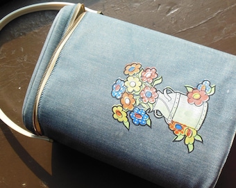 Retro 1970's Aladdin Thermos & Carrier, Floral Print on Denim