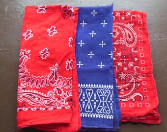 Vintage Lot of 3 Bandanas Blue & Red, Instant Collection, All Cotton, Made in USA