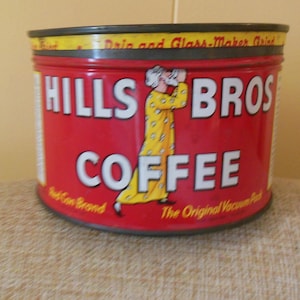 Hills Bros Coffee Can, Tin with Lid, 1 LB Can, Vintage Advertising