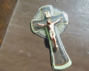 Glass Cross, Crucifix, Vintage Religious