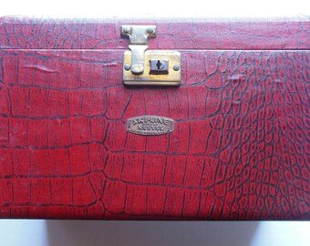 Vintage 1940s-50s Sky-Line Train Case, Small Suitcase, Cranberry Alligator