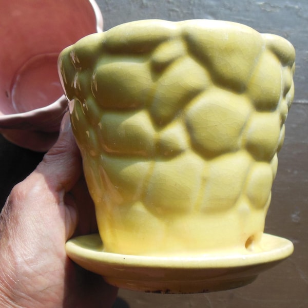 Vintage McCoy Brush 4 Inch Planter with Saucer, 1950s, Yellow