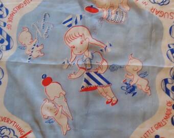 Cupie Doll Child's Scarf, Sugar & Spice, Vintage Cupie Babies, 1930 40s, Silk Hand Rolled