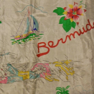 Bermuda Map Sites Silk Scarf, Vintage Hand Rolled, All Silk